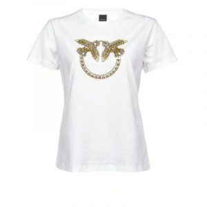 PINKO LOVE BIRDS EMBROIDERY T-SHIRT 1G1610 Y4LX LZC-BIANCO/TOPAZIO