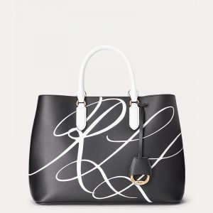 LAUREN RALPH LAUREN LEATHER LARGE PRINT MARCY SATCHEL 431832284001âˆ’BLACK/SNOW WHITE